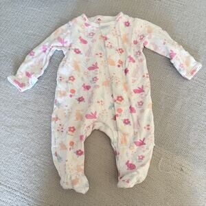 E=MC2 White + Pink Rabbit Print Spring Magnetic Closure Footed Sleeper 0 to 3 M
